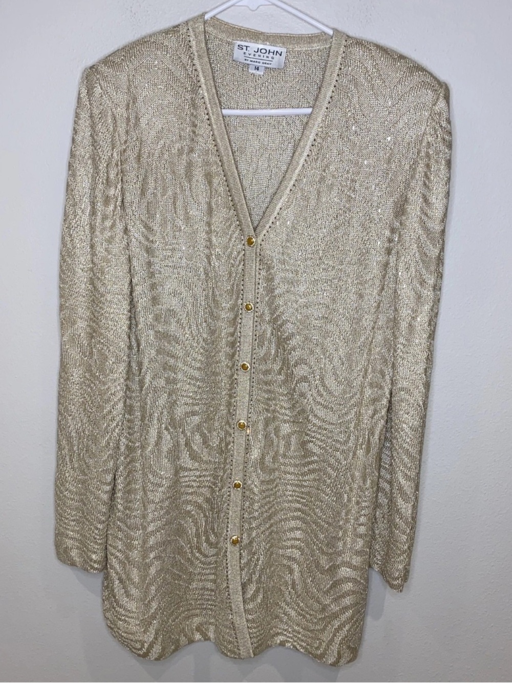 St. John Evening Knit Ivory Gold Embellished Jacket And Long Skirt Suit Size 14